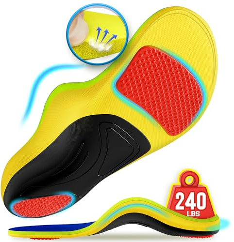 240+lbs Plantar Fasciitis Relief Insoles Men Women, 100% Memory Foam Comfort Shoe Insoles for Pain Relief, Heavy Duty High Arch Support Inserts for Flat Feet, Work Boot Orthotic Insoles Absorb Shock