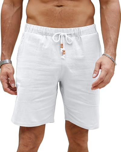 LVCBL Mens Shorts Cotton Linen Loose Shorts for Men Summer Casual Shorts White XL