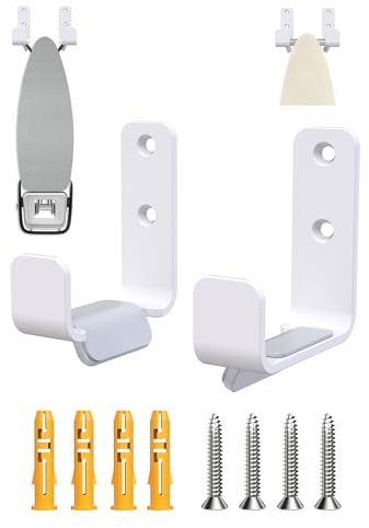 MUSVOH Bügelbretthalter, Wandhalterung, weiß, Edelstahl, Bügelbrett-Aufhänger für Waschküche, verstellbarer Abstand, Bügelbretthalter, Haken, 2 Stück