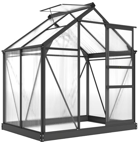 Outsunny Invernadero de jardín en policarbonato 2,51 m² Invernadero de jardín de aluminio resistente a los rayos UV 190 x 132 x 201 cm, con base reforzada, canalón, lucernario y puerta corredera, Gris