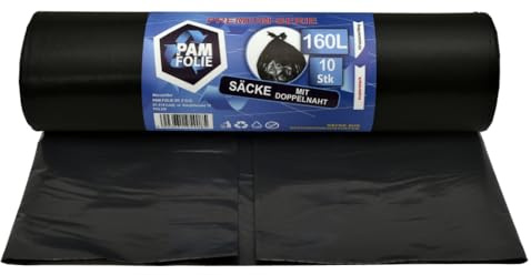 PAM-FOLIE Bolsas de basura 160L - 10 unidades - Bolsas de residuos gruesas y grandes, Premium - 90x110cm - 40µm - bolsa de basura negra - Sacos para escombros - Sacos para escombros de construcción