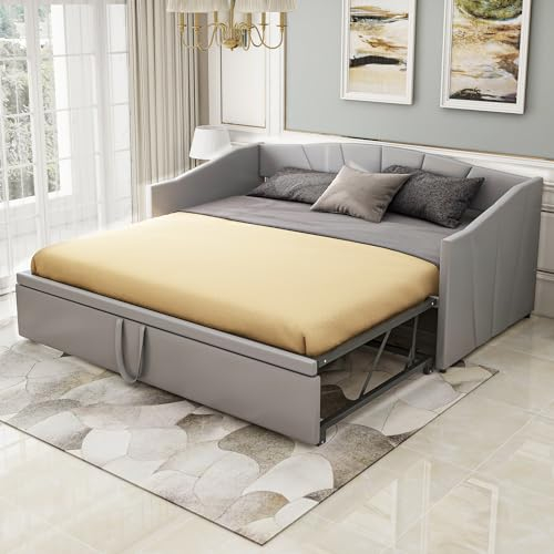 DRIXNO Polsterbett Ausziehbares Schlafsofa 90/180 * 200 cm mit Lattenrosten, Multifunktionsbett aus hautfreundlichem Samtstoff Grau