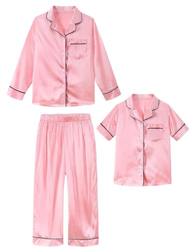 ALISISTER Girls Silk Pyjamas Kids Button-Down Pjs Sets Three-Piece Long Pyjamas Satin Sleepwear Pink 5-6 Years