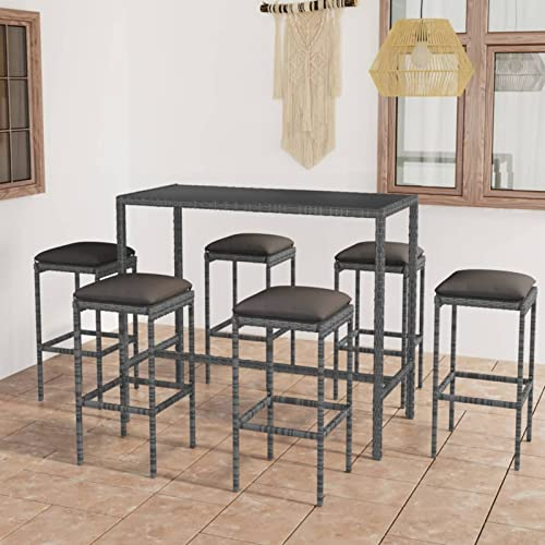 Buzaza 7-TLG. Gartenbar-Set mit Kissen Bartisch Mit Barhocker Set Outdoor Stehtisch Garten Bartisch FüR Zu Hause Poly Rattan Grau 3064824