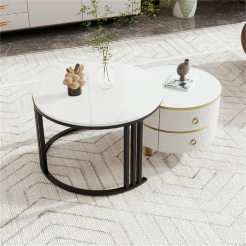 Das Runde Couchtisch Set Mit Marmorplatte Und Schwarzem Metallrahmen Sowie Einem Sofa Beistelltisch Mit 2 Schubladen Eignet Sich Perfekt Für Den Einsatz Im Wohnzimmer(Color:Weißer Kaffee Tisch + Weiß)