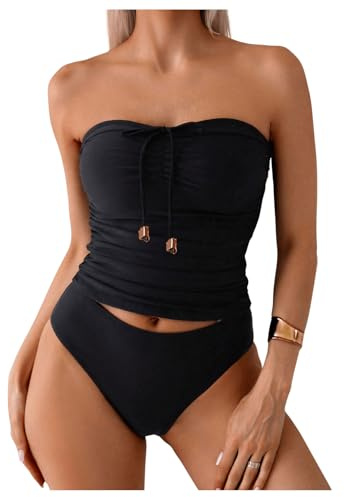 SweatyRocks Women's Swimsuit Ruched Strapless Bandeau Bikini Sets 2 Piece Bathing Suit Black Large