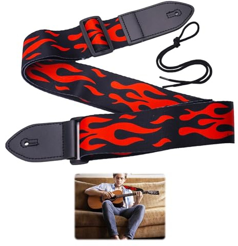 Qianeffort Gitarrengurt, rot geflammt, 5 cm breit, Gitarrengurte für Elektro-, Akustik- und Bassgitarre, Bassgitarrengurt, Akustikgitarre, Gitarrengurt, E-Gitarrengurt, rot, One size