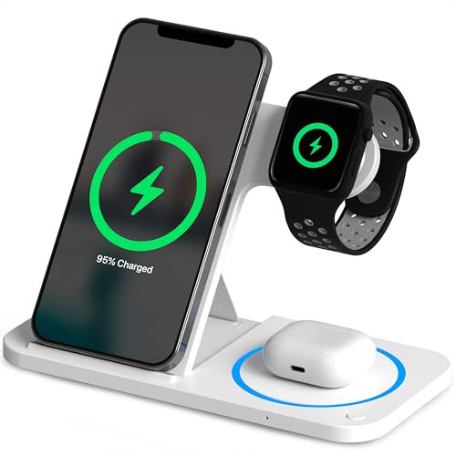 Strex Chargeur sans fil 3 en 1 - Station de charge - Chargeur rapide 15 W - Pliable - Compatible avec iOS et Android, Apple Watch, AirPods et écouteurs sans fil - Blanc