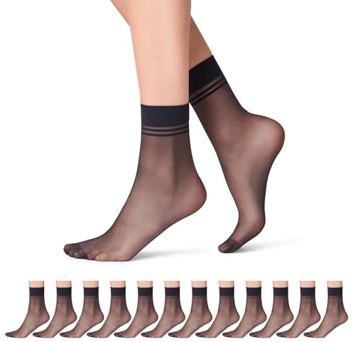 Prizmxed nylonstrumpor för kvinnor, 12 par, mycket elastiska anti-vidhäftningstråd och hållbara 10D nylonstrumpor ultratunna, svart, 35-42 EU