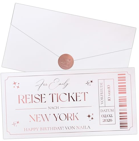 Joli Coon Personalisiertes Reiseticket, Karte, Personalisierter | Glitzerpapier, Folienveredelung in Wunschfarbe, passendes Kuvert, Siegelsticker, für Gutscheine und gemeinsame Erlebnisse