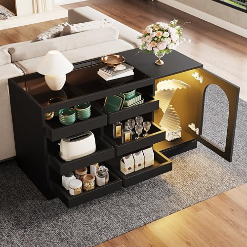 DRIXNO Schubladenschrank, Schwarzer Esszimmerschrank, LED-Licht, Geeignet Für Schlafzimmer, Wohnzimmer, Esszimmer, 6 Schubladen, Hohlschranktür