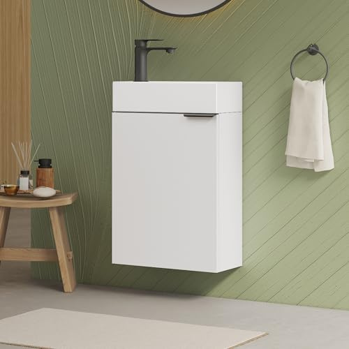 EMKE Waschbecken mit Unterschrank 41 cm, Kompaktes Waschtisch-Set mit Keramikbecken für Gäste-WC & kleines Bad, Waschtisch mit Unterschrank, Weiß