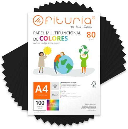 OFITURIA Buntes Papier, 100 Blatt A4 80g – Farbiges Papier für Basteln, Drucker, Scrapbooking – Farbbögen (Schwarz, 100 Blatt)