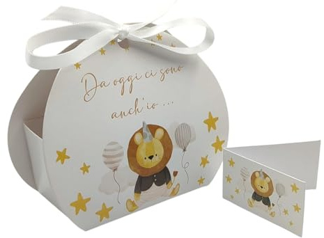 PV Grafik 24 Stück Gastgeschenke zur Geburt Löwe, Schachteln für Konfekt Junge Mädchen, Konfektschachtel Baby Shower Taufe Geburtstag, Set mit Kärtchen und Band (43B)