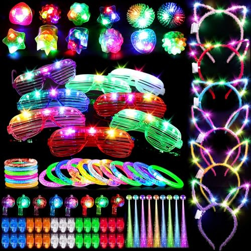 100pc party bags fillers,Glow in the Dark Party Supplies for Adults with 40 Finger Lights, 8 Jelly Rings,8 Glasses, 16 bumpy rings，14 Glow Sticks Bracelets,6 Pcs Cat Ears Headbands,8 Pcs Glow whistle