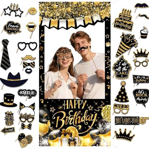 37Pcs Photo Booth Props Set, Black Gold Birthday Banner Photo Booth Props Background, Happy Birthday Background for Men Women Party Supplies Decor