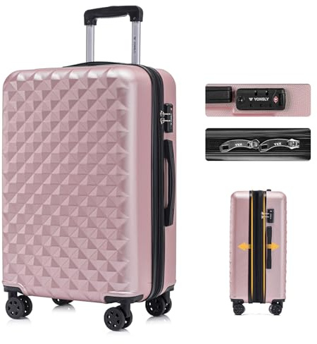 YONSLY Reisekoffer Suitcase, Erweiterbarer Hartschalenkoffer Trolley mit TSA-Schloss und hochwertigem YKK-Reißverschluss, Rollkoffer Handgepäck 360° Rollen (Roségold, L)