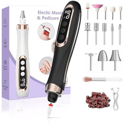 XunmotorYao Torno para Uñas Profesional, 20000 RPM 9 Velocidades Lima Eléctricas Uñas con 13 Brocas, Recargable USB 15 en 1 Manicura y Pedicura para Salón Casa DIY,Negro