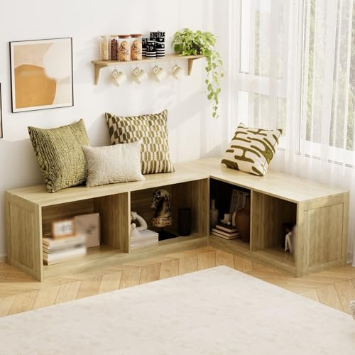 Lovinouse L-Shaped Corner Banquette Storage Bench, Entryway Bench with Open Shoe Storage Shelves for Bedroom, Kitchen Breakfast Nook Corner Benches for Dining Room, Living Room,Oak Color (No Cushion)