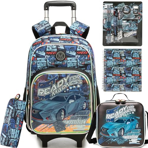 HTgroce Sac à Dos à Roulettes Garçon Voiture – Set 5 Pièces Cartable Scolaire Primaire (CP CE1 CE2) – Trolley Détachable 2-en-1 avec Carnet & Fournitures Scolaires