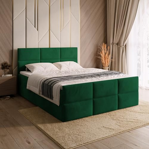 BROMARKT Boxspringbett mit Matratze 180x200 Bett mit Bettkasten Grün | Doppelbett mit Staraum Polsterbett mit Topper Bed für Schlafzimmer Kopfteil Freistehende Härtegrad H3 BOSTON DUO
