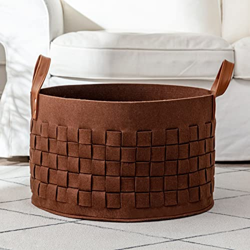 BOLDMONKEY Laundry Basket 20 x20  x11.8 , Large Felt Fabric Blanket Basket with Leather Handle, Dirt Clothes Laundry Hamper Round for Babies, Dogs and Living Room-Brown