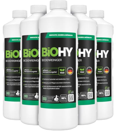 BiOHY Bodenreiniger (6 x 1 Liter) | Konzentrat für alle Reinigungsgeräte und alle Hartböden | angenehmer Geruch und streifenfreie Reinigung | ideal für Laminat, PVC & Stein | Bio Konzentrat
