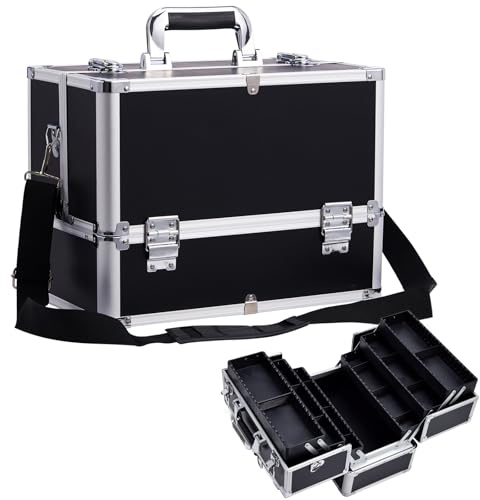 Stagiant Extra Large Makeup Case Vanity Case Make up Organiser Professional Makeup Storage Cosmetic Organiser Case Lockable Storage Box Nail Polish Organiser 6 Trays and Shoulder Strap, Black