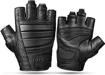 INBIKE Halvfinger motorcykelhandskar 100 % getskinn läder motorcykel halkskydd vadderat skydd cykling fitness gym män, Svart, L