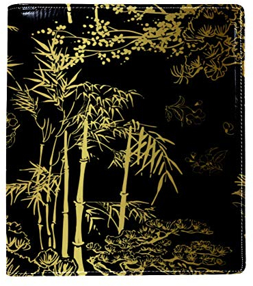 EZIOLY Buchumschlag aus Bambus, dehnbar, passend für die meisten Hardcover-Lehrbücher bis zu 22 x 16 cm, selbstklebend, Schwarz / goldfarben