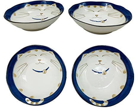 JapanBargain 2562 - Cuenco de porcelana japonesa para sopa, cereales, ensalada, color azul, diseño de gato de la suerte sonriente Maneki Neko, fabricado en Japón, 6-1/2 pulgadas, paquete de 4