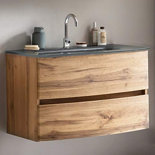 Lomadox Waschtisch Bad 80 cm Wotaneiche Nb. inkl. Glaswaschbecken grau, BxHxT: ca. 80x53x49 cm