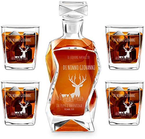 Maverton Set Decanter per Whisky in vetro - da 700 ml - incisione personalizzata - Caraffa con 4/6 bicchieri - idea regalo per il Natale- per la coppia - per amici - per parenti - Il cervo