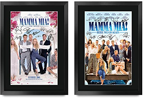 HWC Trading FR A3 Mamma Mia! Collection x 2 Filmposter Meryl Streep, Pierce Brosnan Geschenke, gedrucktes Poster, signiertes Autogrammbild für Film-Fans, A3, gerahmt