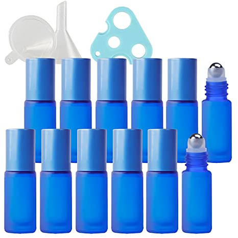 TIANZD 12 Stück Leere 5ml Matt Blau Glas Roller Flaschen mit Alu Schraubverschluss, Roll-On Glasflaschen mit Glasroller für Ätherische Öle Essential Oil mit Trichter Öffner