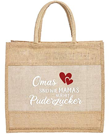 AMBERGER DESIGN by A&M Osterhage amd Jutetasche Oma Geschenk – Omas sind wie Mamas nur mit Puderzucker – Shopper personalisierbar – nachhaltig – PVC-frei – Reißverschluss