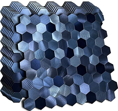 XUANINY 10 Sheets Metal Peel and Stick Backsplash Tiles, Aluminum Mosaic Sticker for Kitchen Wall Decor Hexagon Design Frosted 3D Wall Sticker(11.02x11.5) (Dark Blue 10)