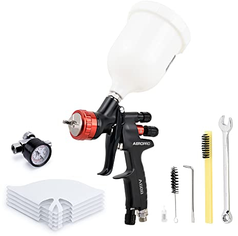 AeroPro A608 HVLP Air Spray Gun Kit, 1.3mm Nozzle, Regulator, 5pcs Paint Strainers, 600cc Cup, Auto Paint Spray Gun, Black, Aluminum, Handheld