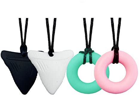 4er-Pack Baby-Kau-Halskette, Weiche Sensorische Stillhilfen Silikon Haifisch-Zahn-Form und Donut-Form Beißring für Erwachsene & Kleinkinder