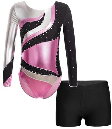 Oyolan Mädchen Langarm Turnanzug Glänzend Gymnastikanzug Ballett Trikot mit Shorts Kurz Hose Wettkampf Tanzkostüm Rosa 134-140