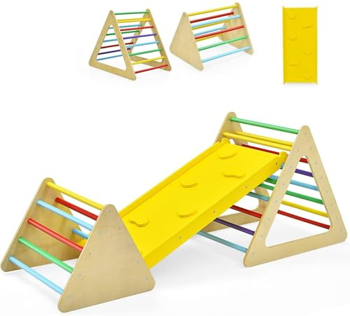 GYMAX Triangolo da Arrampicata per Bambini con Scivolo, Triangolo di Arrampicata in Legno, Giocattolo a Scala Giocattoli da Arrampicata all'Esterno, Palestre Montessoriano per Bambini (Colorato)