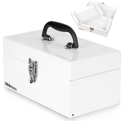 P.I.T. 12’‘ Small Tool Box with Removable Tray, Heavy Steel, Metal Latch Closure, White, Lockable, Mini Tool Case for Household, Warehouse Storage | Removable Metal Tray,Thickened Steel with Powder Coat Finish,Easy to Carry with a Comfortable Handle