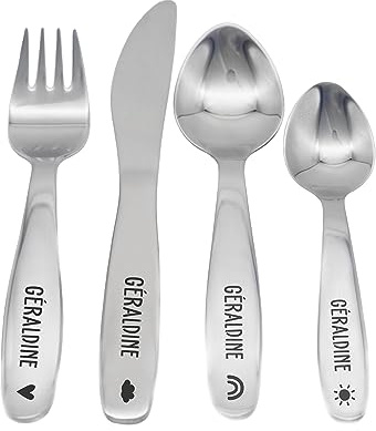 LAUBLUST Couverts pour Enfants gravés avec prénom de bébé - Set de 4 pièces personnalisés - Motif Arc-en-Ciel - Couverts pour bébé en Acier Inoxydable