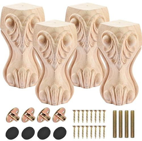 Btowin VCF 8 Inch / 20cm Wooden Furniture Legs, 4PCS Solid Wood Carved Geometry Sofa Legs Unfinished DIY Replacement Bun Feet with Mounting Plate & Screws for Sofa Cabinet Couch Table TV Stand