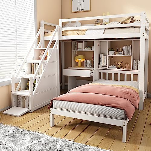 KecDuey Etagenbett 90x200cm,Kinderbett, Doppelbett, multifunktionales Kinderbett, Stauraumfunktion, mit Schreibtisch und Regale, mit Lattenrost, weiß