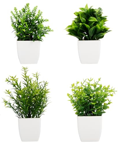 Chstarina 4 Stück Künstliche Pflanzen mit Topf, 20 cm Künstliche Pflanzen Set, Kunstpflanze Mini, Plastikpflanzen Klein, Grünpflanzen Künstlich Wie Echt für Schlafzimmer Badezimmer Zuhause Innen Deko