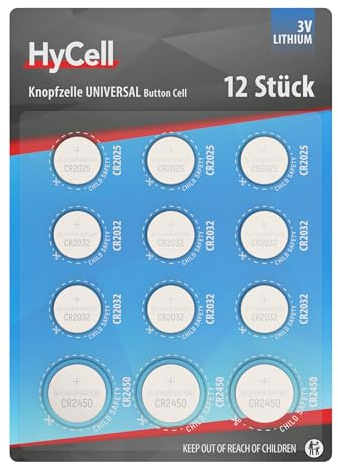 HyCell Juego de 12 Pilas de botón de Litio CR2025 CR2032 CR2450 de Larga duración para calculadora, báscula, Reloj, Llave de Coche, abridor de garant