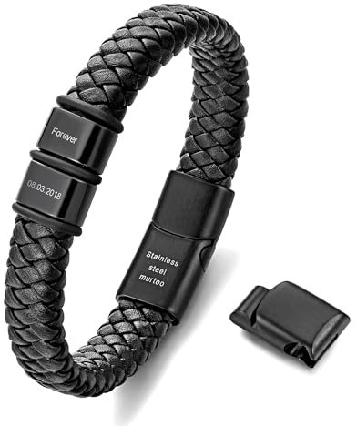 Murtoo Personalisiertes Armband für Herren - Graviertes Lederarmband in Schwarz mit Namen - Geschenkidee für Männer (2 Ringe)