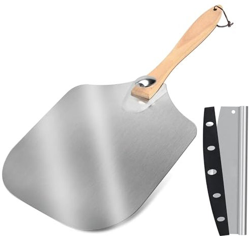 JUSTHERE Pizzaschieber Set, Inklusive 35,5cm x 30,5cm Pizzaschaufel und Großer Pizzaschneider, Pizza Schieber mit Abnehmbarem Holzgriff, Aluminium Pizza Zubehör für Partys und Familienfeiern
