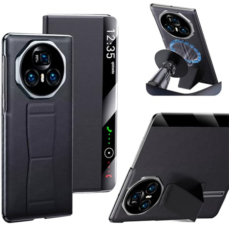 qichenlu Echtleder Intelligentes View Window Case für Honor Magic V3,【Kabelloses Laden mit Magnettechnik,Fingerhalter,Ständer】 Luxus Rindsleder Handytasche Magnetische Hülle - Schwarz
